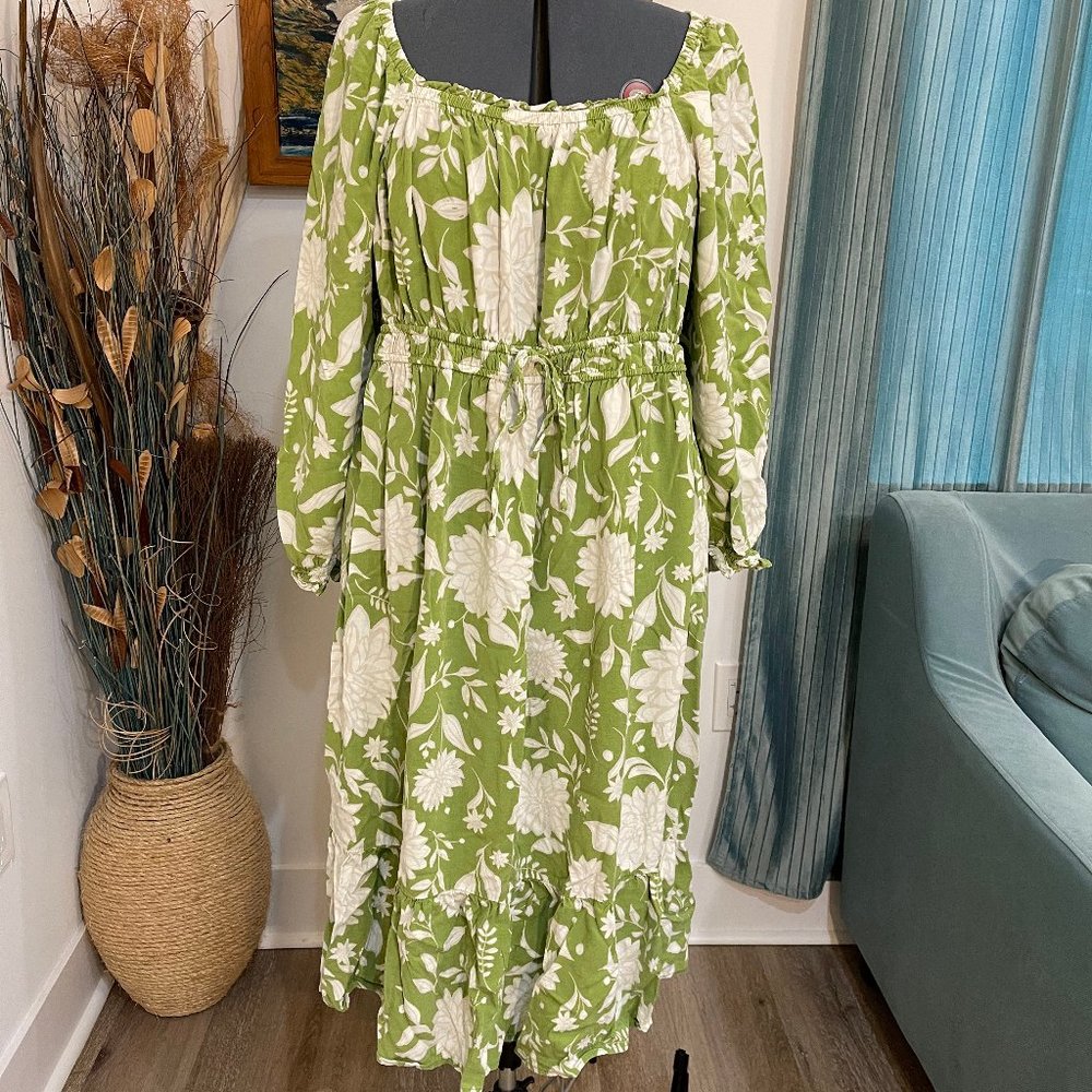 2XL Ava & Viv Green and White Floral Flowy Ruffle Maxi Dress w/ Pockets